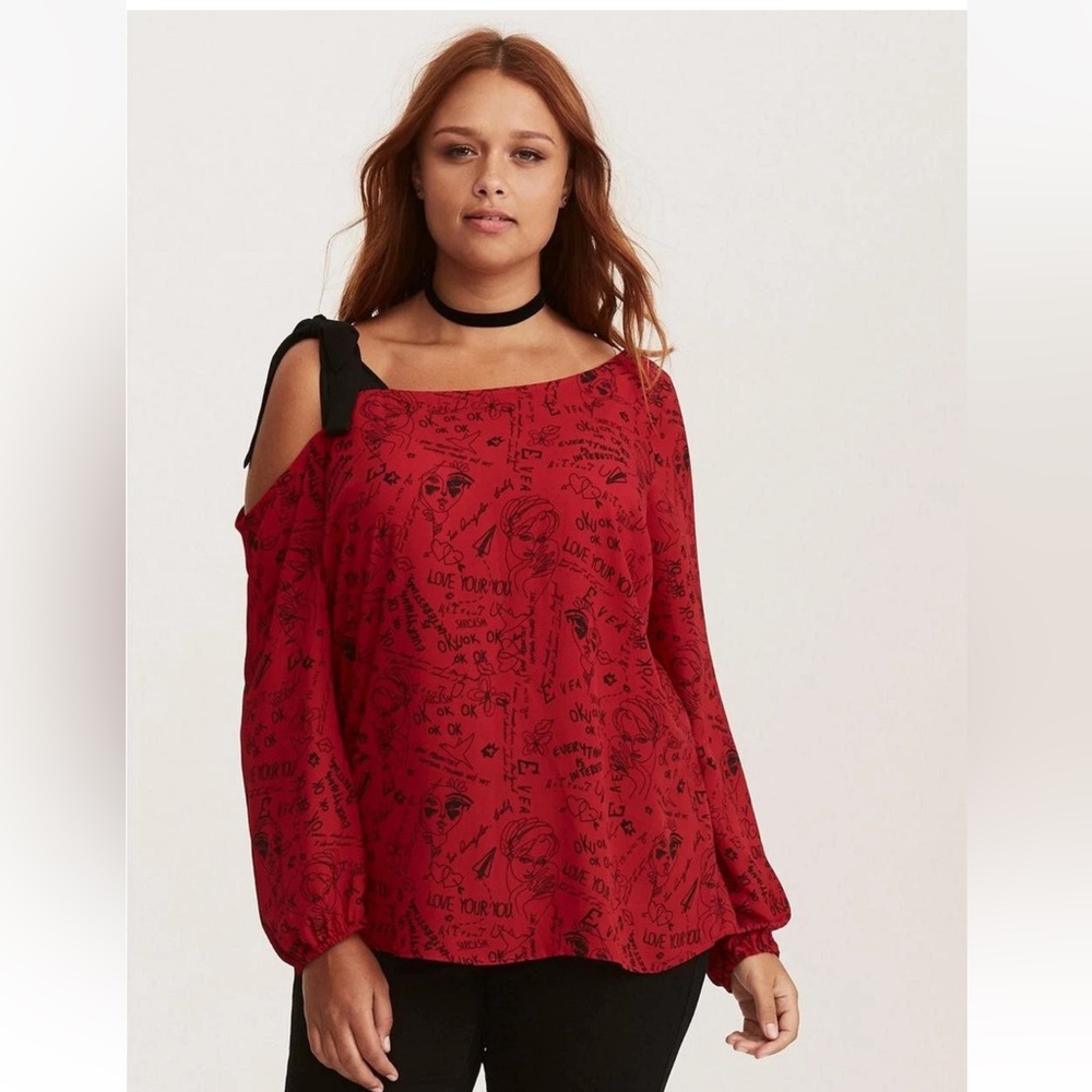 Red Cold-Shoulder Printed Blouse